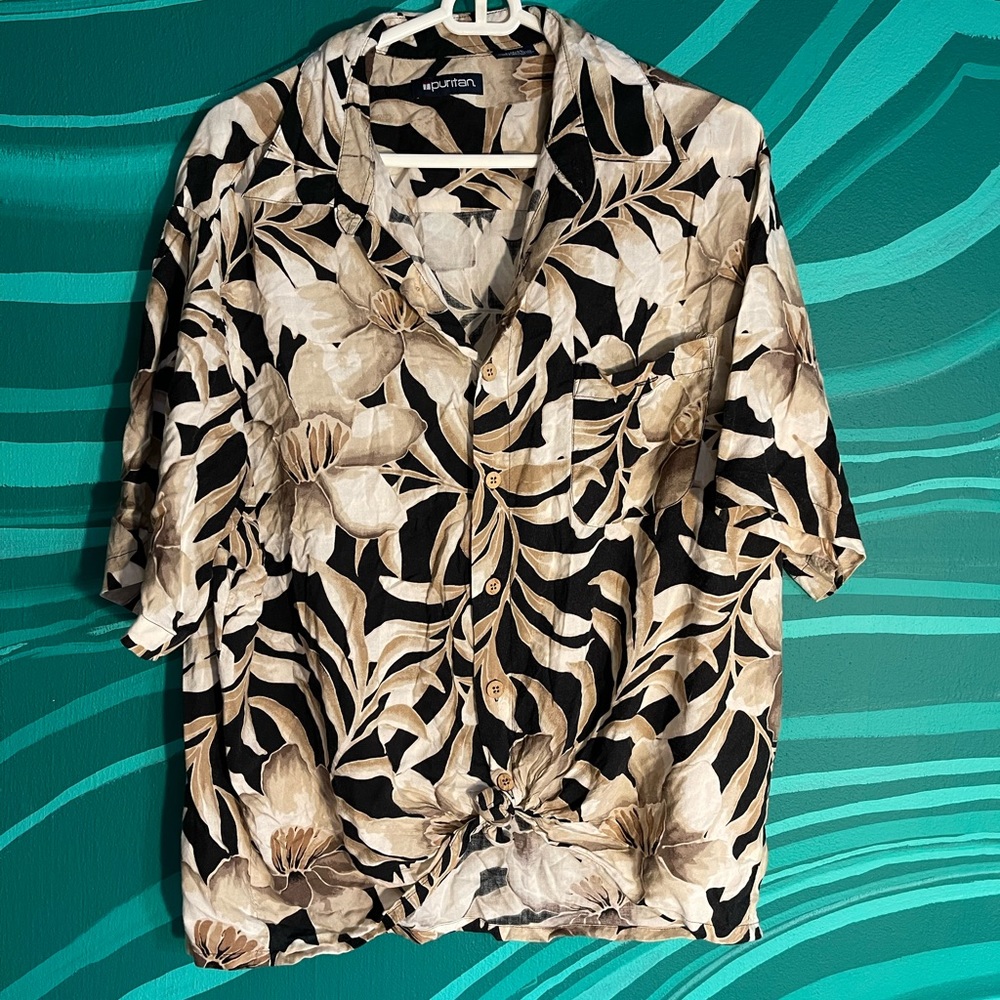 Puritan Vintage Black and Sepia Hawaiian Shirt Size Large 42/44
